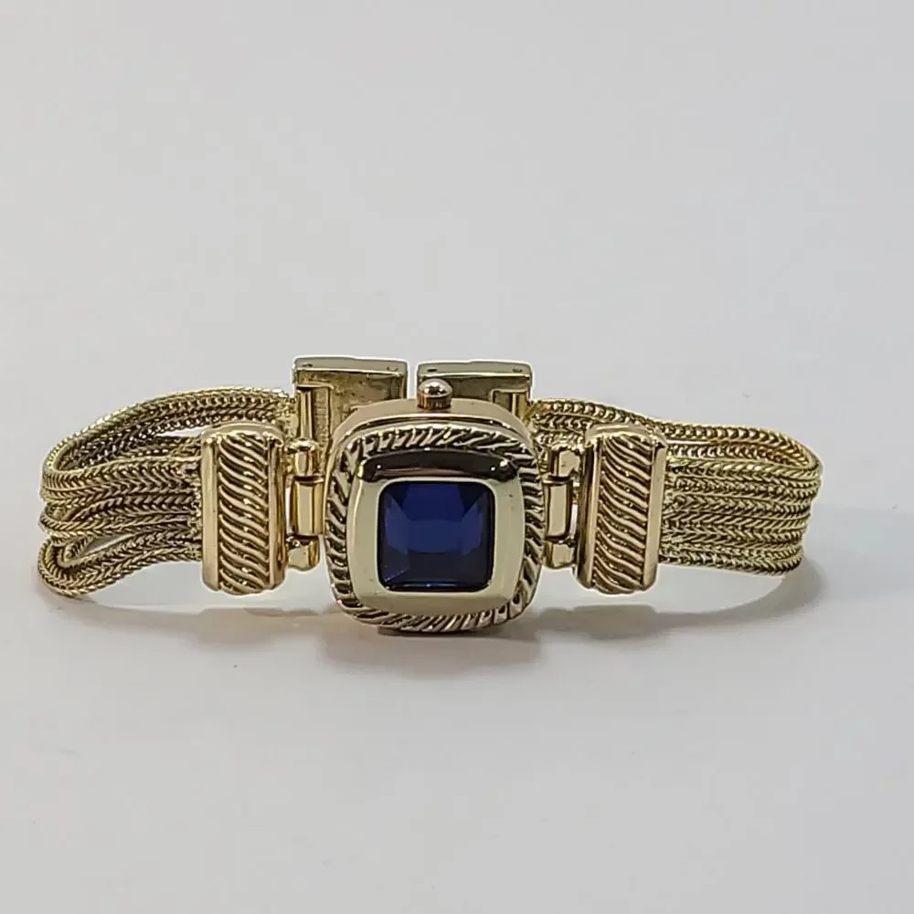 Charter Club Women's Gold Tone Blue Stone Closed Face Watch Tassel Link Works